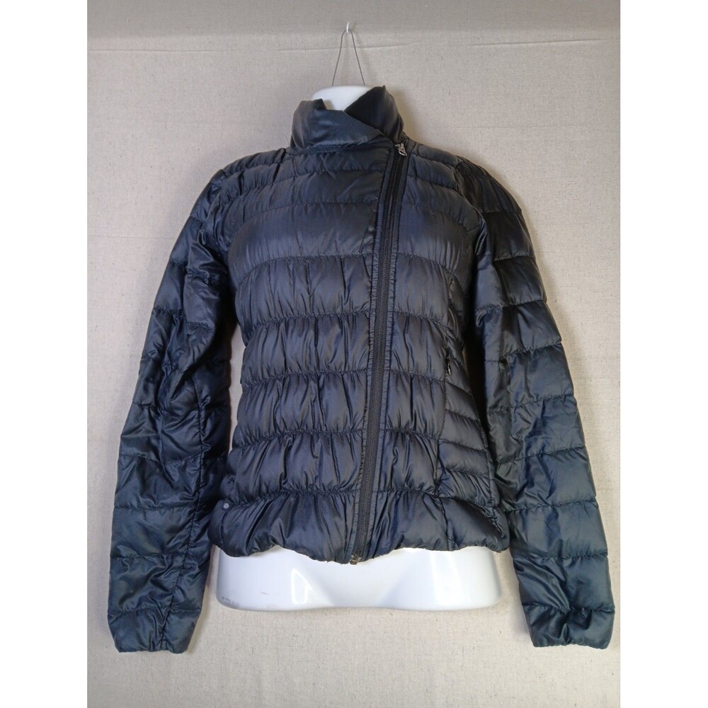 Athleta Downalicious Puffer Down Jacket Coat Size XS Black Asymmetrical Zip EUC